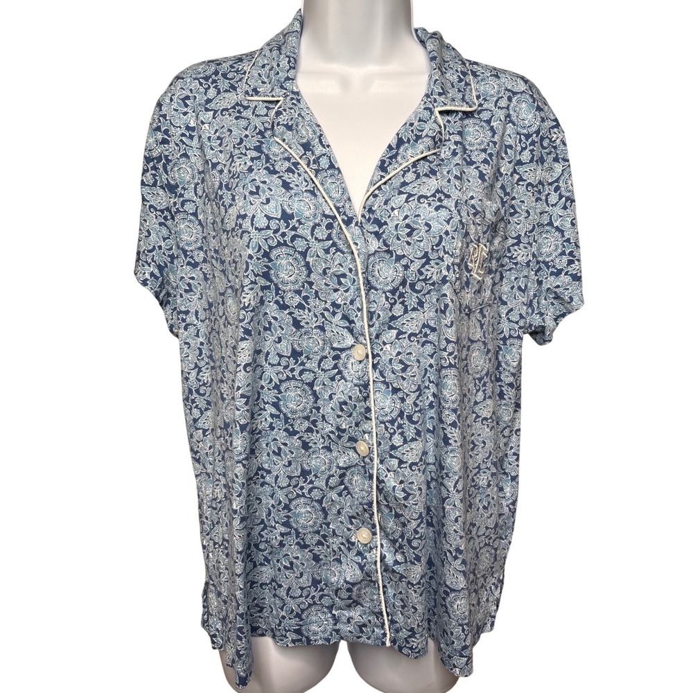 LAUREN RALPH LAUREN Blue Floral Paisley Pajama Top XL Classic Preppy Soft Lounge